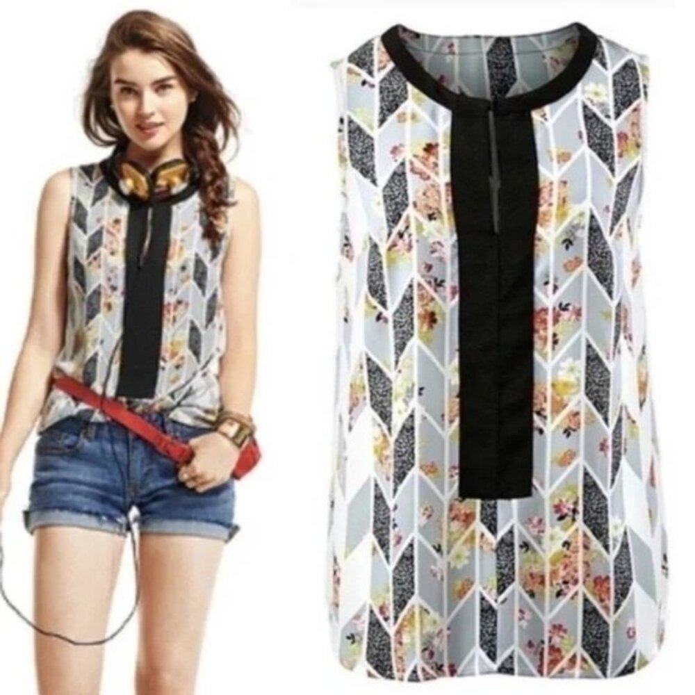 Cabi Chevron‎ Leopard Floral Grosgrain Sleeveless Tunic Shell Top Shirt 249 M
